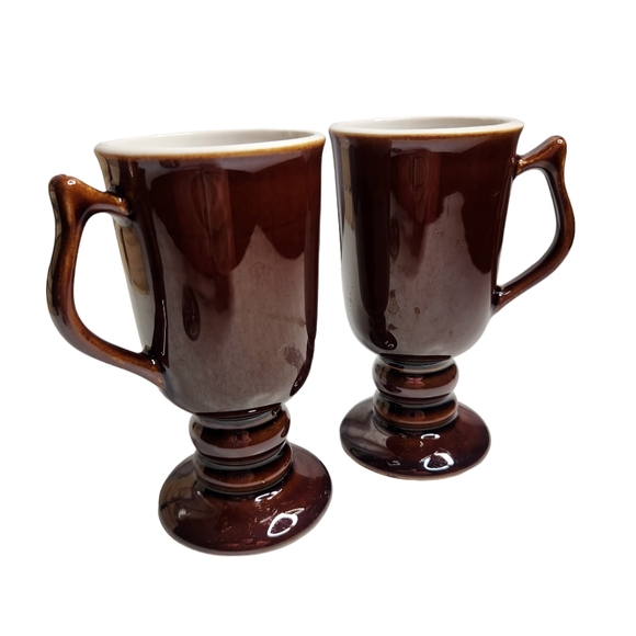 Two Irish Coffee Mugs Footed Pedestal Base Hall Mugs Ceramic USA Brown - Picture 1 of 7